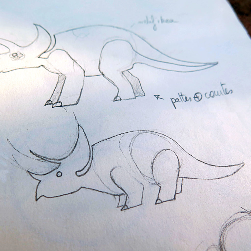 croquisdino02 Croquis du modèle de collier et de pins du tricératops- Les Naturalistes bijoux