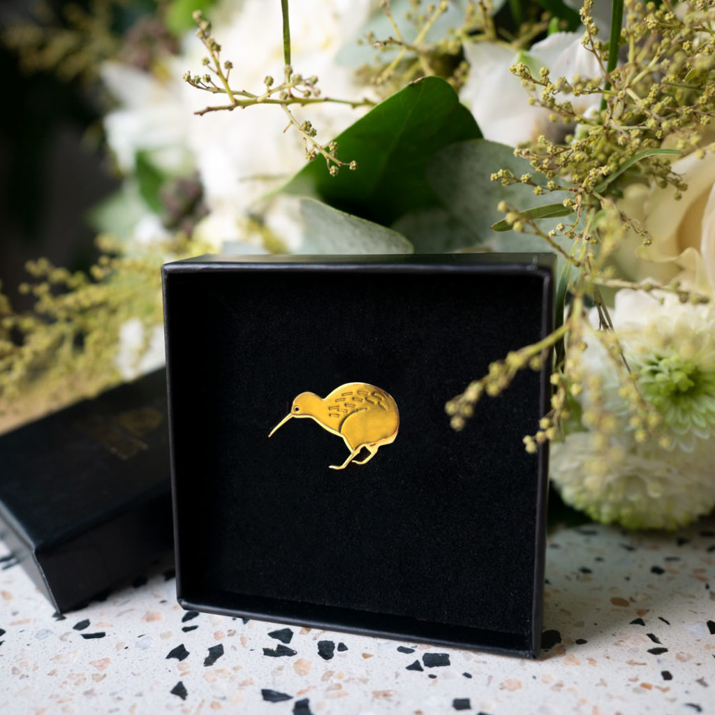kiwi Pins kiwi finition or-avec sa boîte sur du terrazio Les Naturalistes bijoux