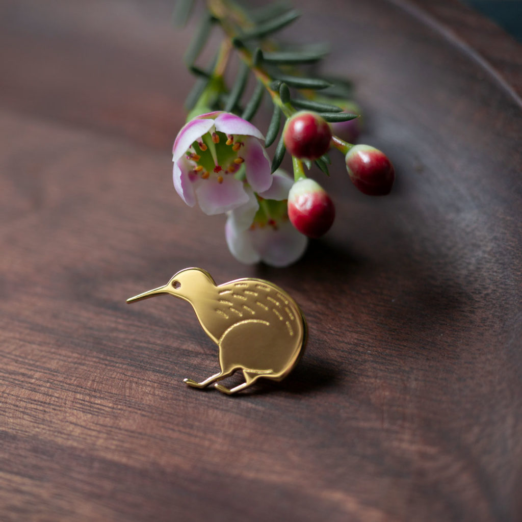 kiwi_2019 Pins kiwi finition or sur du bois - Les Naturalistes bijoux