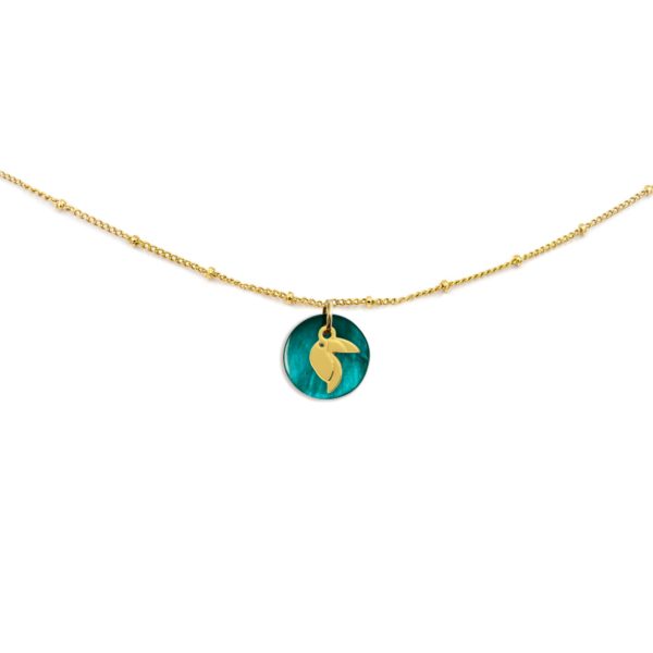 Collier nacre émaillée bleu paon & toucan