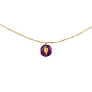 Collier nacre émaillée bordeaux & feuille