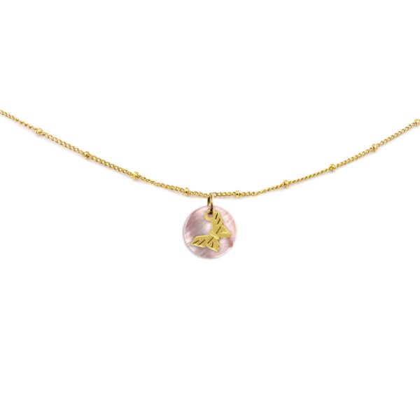 Collier nacre émaillée rose & papillon de jour