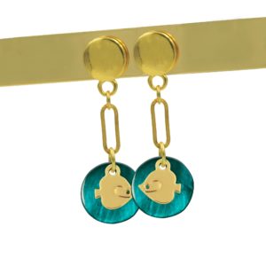 Boucle d'oreilles nacres émaillées bleu paon et poisson ange