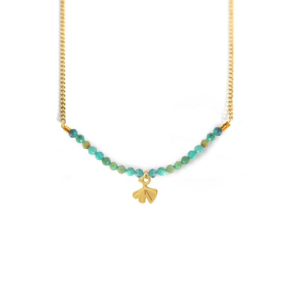 Collier ginkgo et ligne de pierres fines coloris été