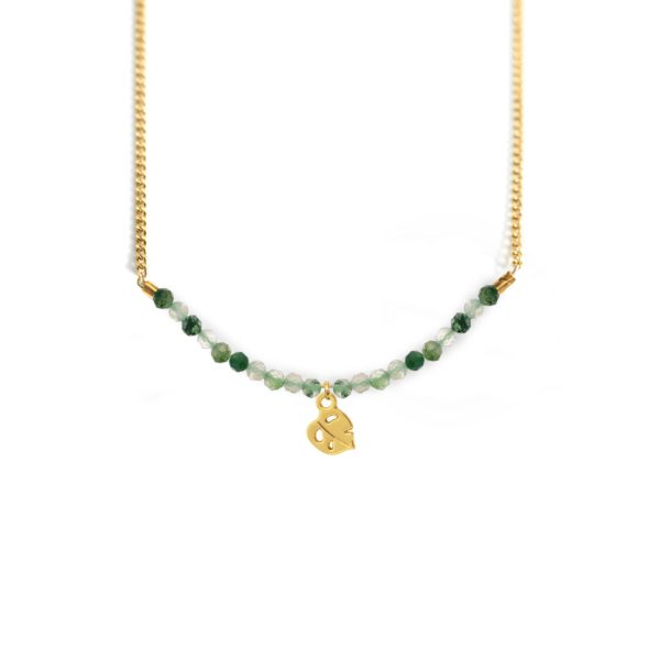 Collier monstera et ligne de pierres fines coloris été