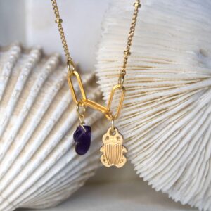 Collier 3 maillons scarabée et améthyste
