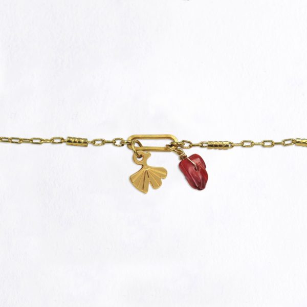 Bracelet maillon ginkgo & coquillage rouge or