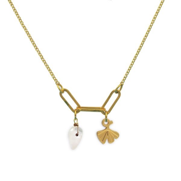 Collier 3 maillons ginkgo et pierre fine au choix coloris été