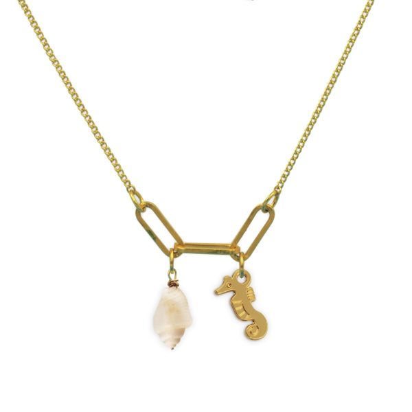 Collier 3 maillons hippocampe et pierre fine au choix coloris été