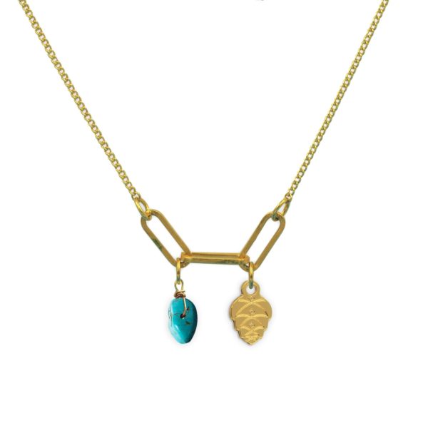 Collier 3 maillons pomme de pin et pierre fine au choix coloris été