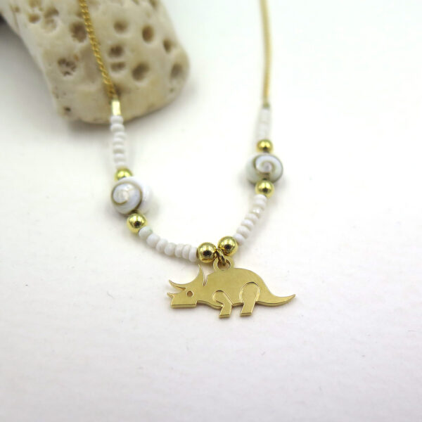 Collier nacre et œil de Sainte Lucie, pampille tricératops