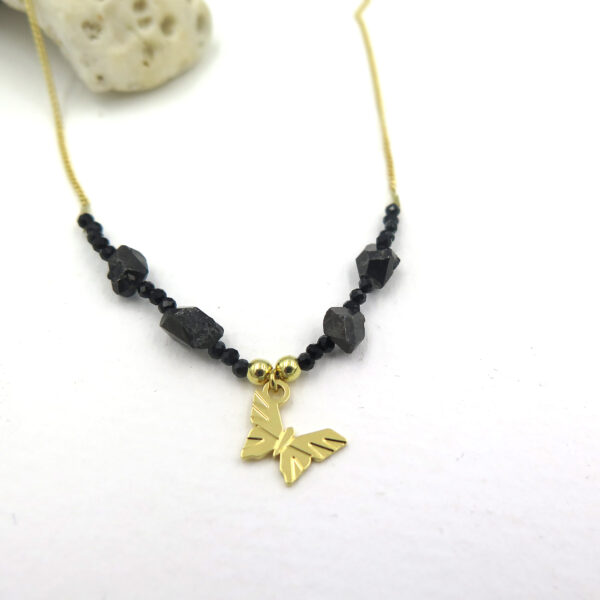 Collier onyx et cristal noir, pampille papillon de jour