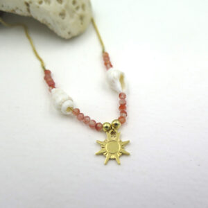 Collier agate rose et coquillage, pampille soleil