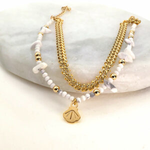 Bracelet double Alchimie : la howlite et la coquille Saint-Jacques