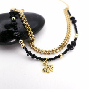 Bracelet double Alchimie : l'onyx et le ginkgo