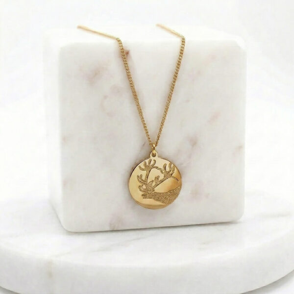 Collier mégacéros médaille en laiton doré — collection Préhistoire — fond blanc 01, Les Naturalistes
