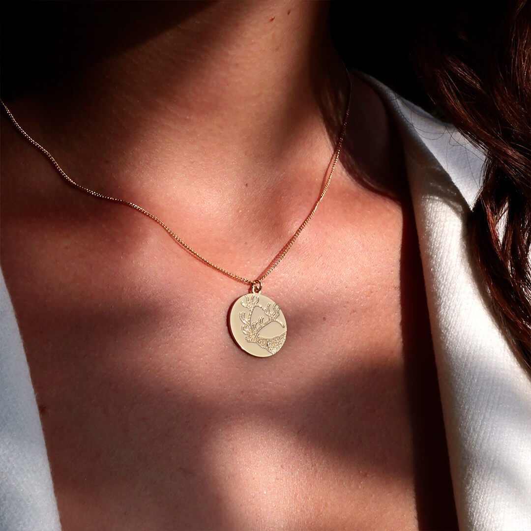 Collier médaille mégacéros en laiton doré — collection Préhistoire — porté 01, Les Naturalistes