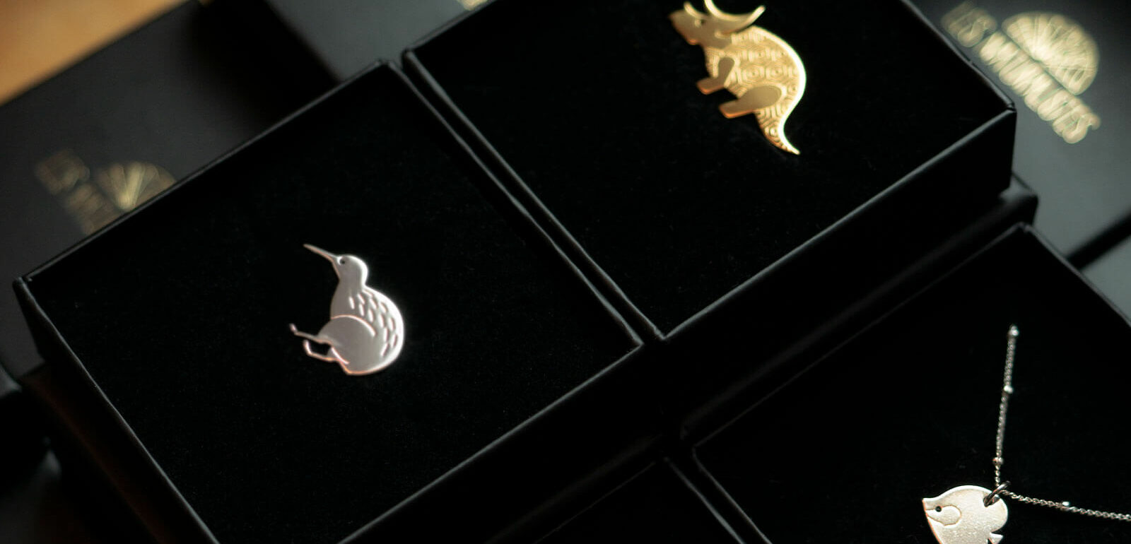 Mise en scène de colliers et pins en laiton doré dans leur packaging soigné - Les Naturalistes bijoux