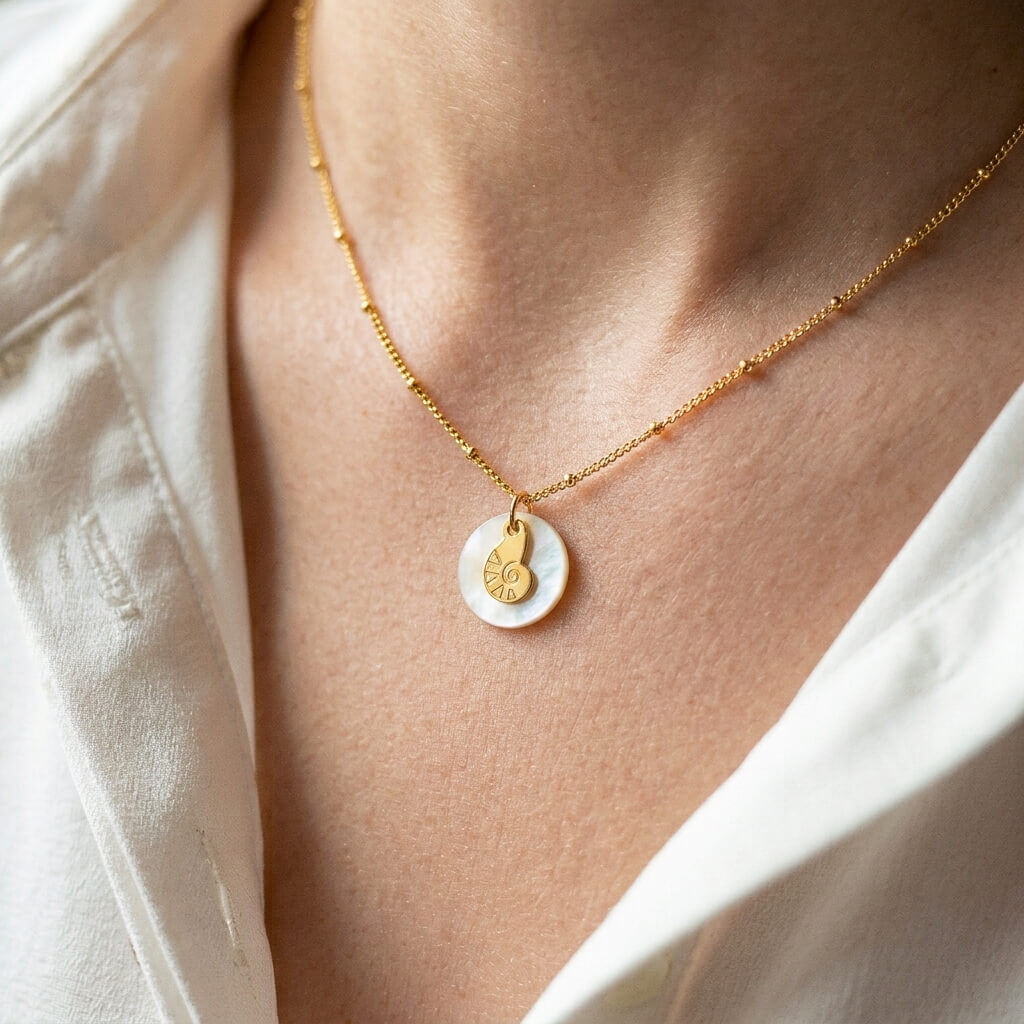 Collier nacre nautile en laiton doré — collection Mers et océans — porté 01, Les Naturalistes