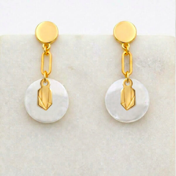 Boucles d'oreilles nacre cristal en laiton doré — collection Jungles et forêt — fond blanc 01, Les Naturalistes