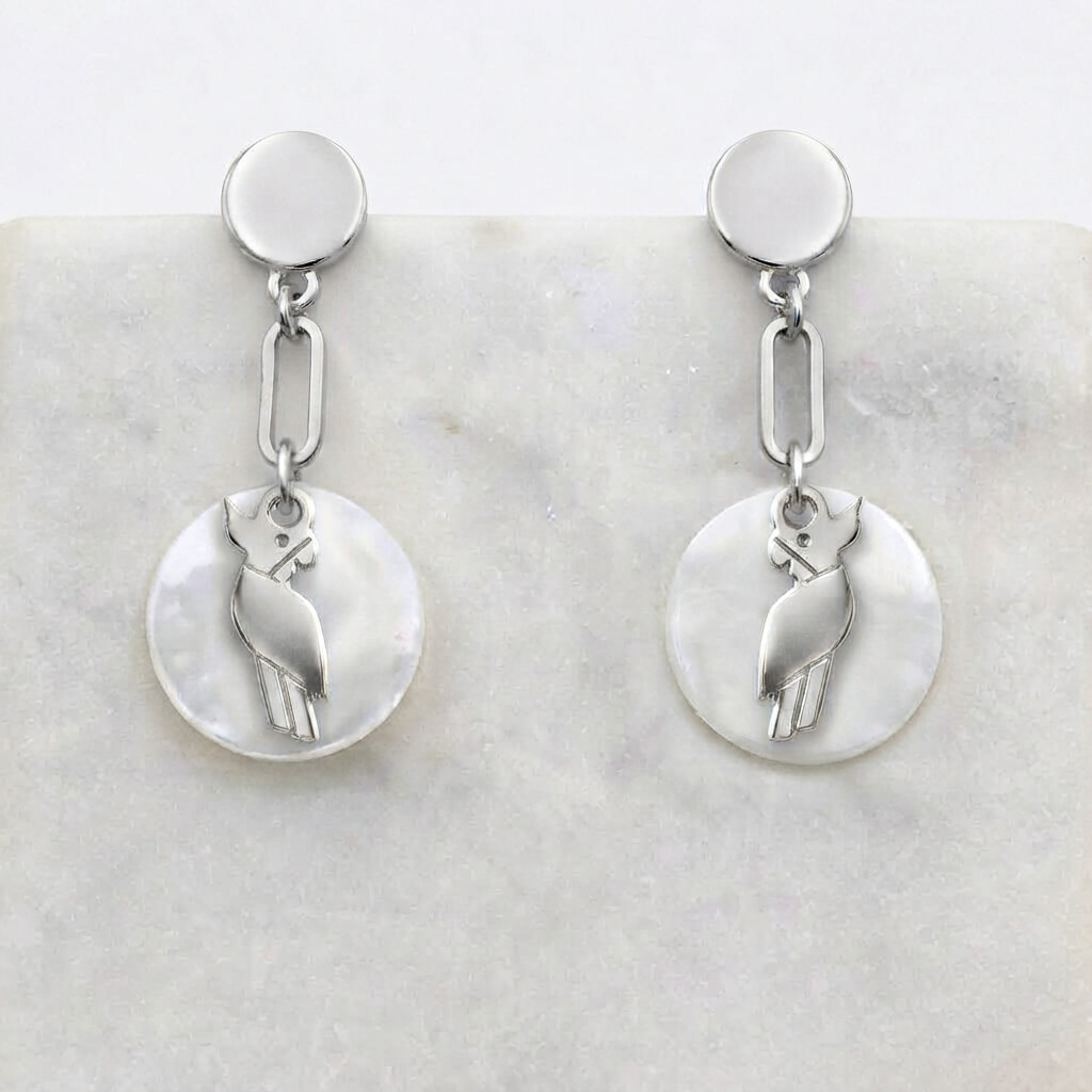 Boucles d'oreilles nacre perroquet en laiton argenté — collection Jungles et forêt — fond blanc 01, Les Naturalistes